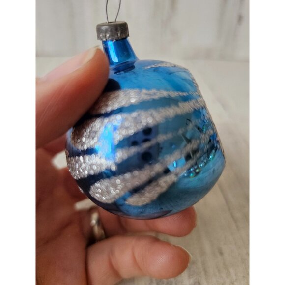 Vintage blue glitter indent ball mercury glass ornament Xmas silver glitter tree - Picture 2 of 8